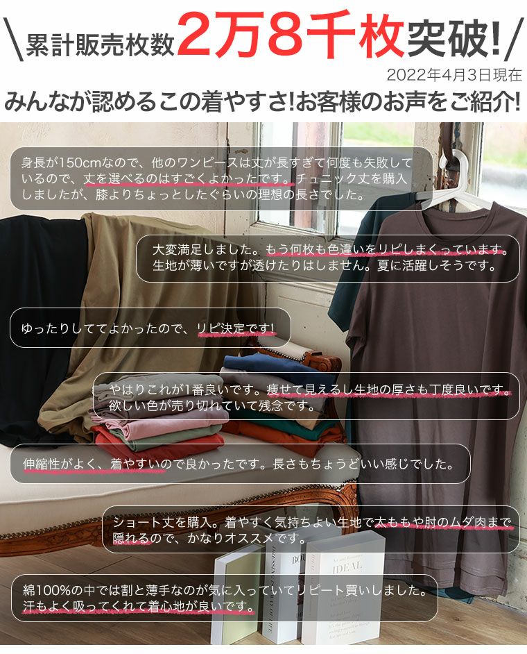 大きいサイズ 新色追加 選べる2丈 綿100 ストンと楽ちん 着心地さらり スリット入り Iライン 半袖 ゆるtワンピース チュニック ハッピーマリリン