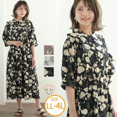 コットン100%花柄 半袖 ひざ丈ワンピース ベージュ/ブラック ワンピース 春 夏 Tシャツワンピース 半袖 ひざ丈 ロングt