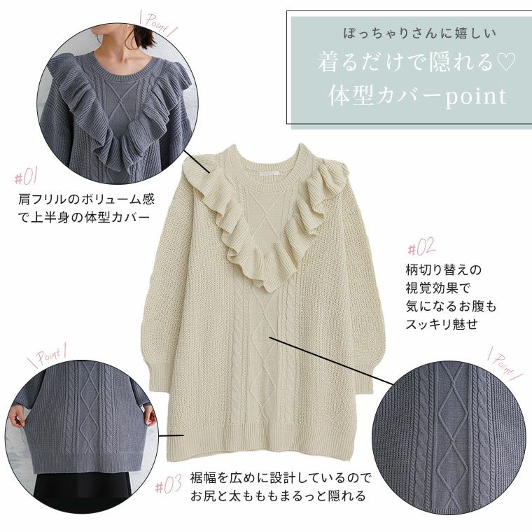 大きいサイズ ぽっちゃりさんが可愛くなる 肩フリル ニット