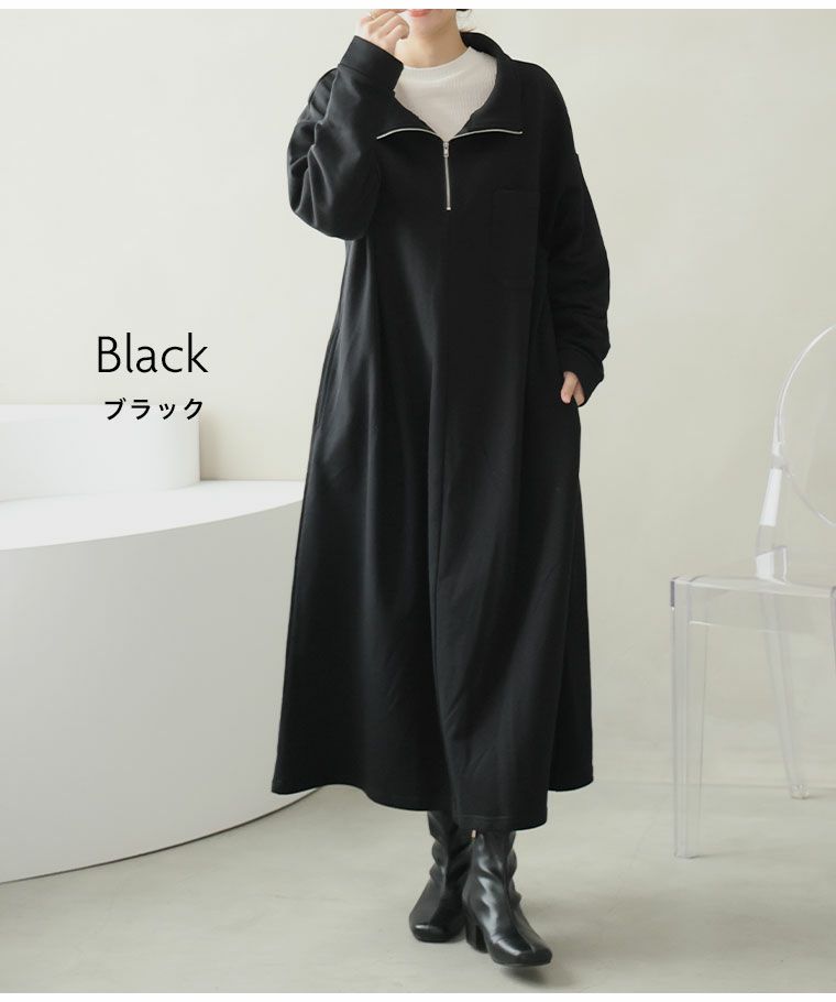 【ムータマリン】極美品 ジップワンピース 裏起毛 プリーツ Mサイズ 大きいサイズ ハーフジップで小顔魅せ 蒸れない 裏毛 スウェット